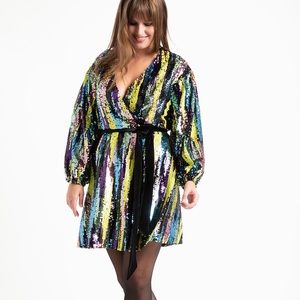 Eloquii Multi-Color Sequin Belted Wrap Dress NWT
